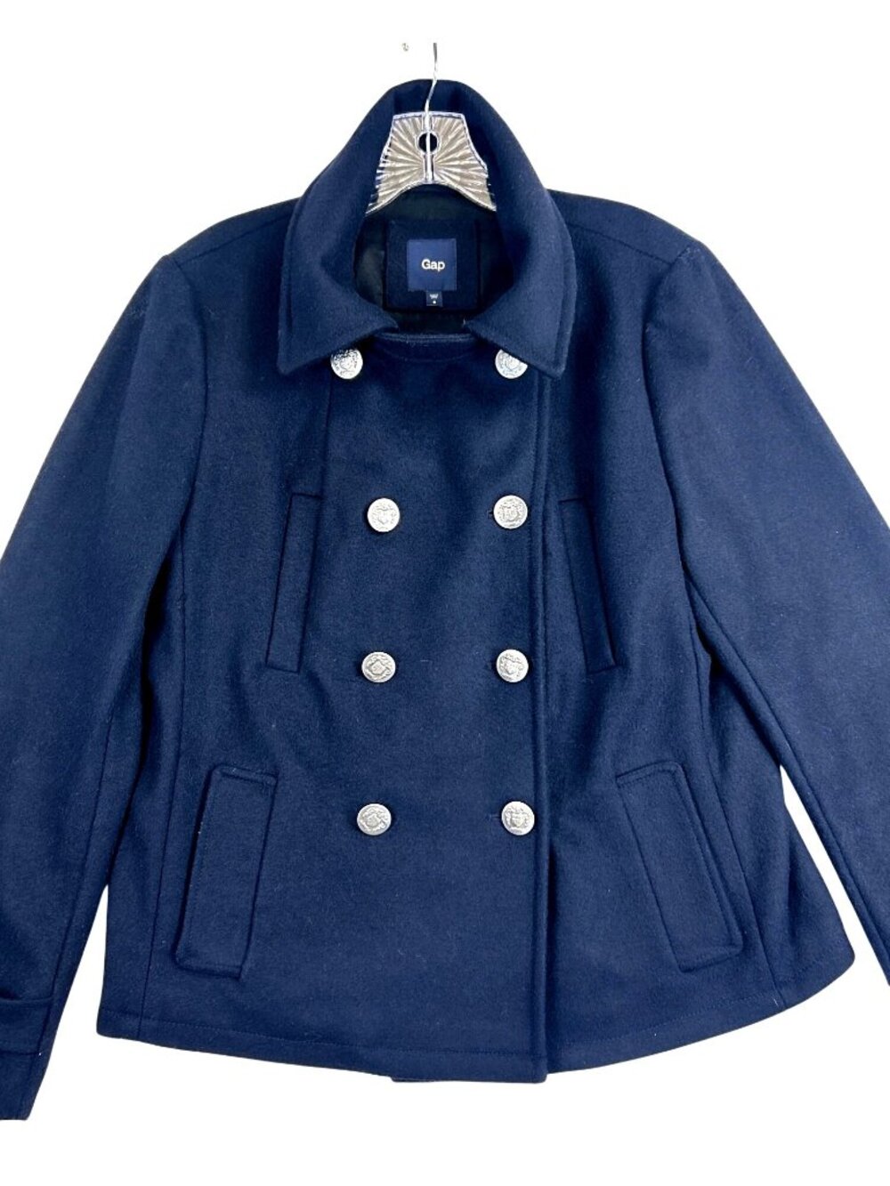 Gap Women’s M Navy Blue Wool Double Breasted Peacoat Crest Buttons Preppy - Picture 2 of 15